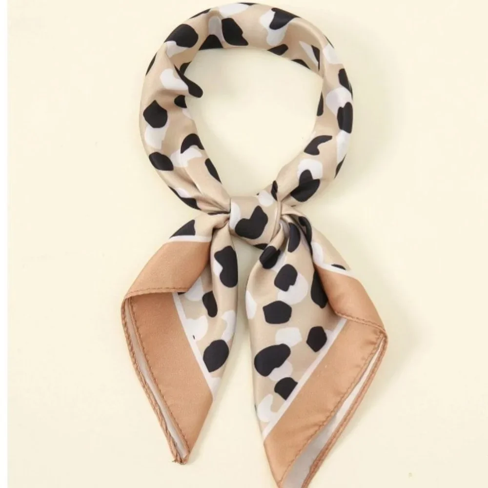 Polka Dot Satin Bandana Scarf Beige Black Silk Feel Neck Hair Scarf Square Wrap